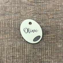Load image into Gallery viewer, Pet Tag shaped like an olive | Custom Pet Tag | The Barking Tagsmith New Zealand