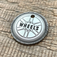 Load image into Gallery viewer, dog ID tag with car wheel design, personalised deep engraved pet ID tag in nickel silver, round tyre style tag for dogs and cats, made in New Zealand