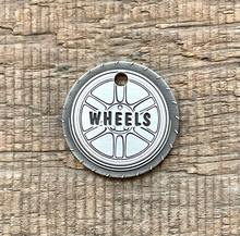 Load image into Gallery viewer, dog ID tag with car wheel design, personalised deep engraved pet ID tag in nickel silver, round tyre style tag for dogs and cats, made in New Zealand