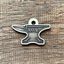Load image into Gallery viewer, Dog ID tag shaped like an anvil with engraved name Anvil, personalised deep engraved metal pet tag for dogs with blacksmith design.