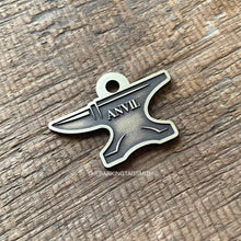 Load image into Gallery viewer, Dog ID tag shaped like an anvil with engraved name Anvil, personalised deep engraved metal pet tag for dogs with blacksmith design