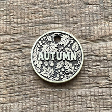 Load image into Gallery viewer, Dog ID tag with autumn leaves design and engraved name, personalised deep engraved metal pet tag for dogs and cats.