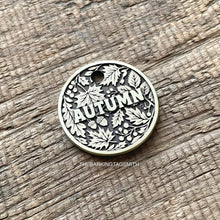 Load image into Gallery viewer, Dog ID tag with autumn leaves design and engraved name, personalised deep engraved metal pet tag for dogs and cats.