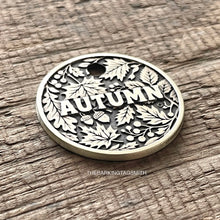 Load image into Gallery viewer, Dog ID tag with autumn leaves design and engraved name, personalised deep engraved metal pet tag for dogs and cats.