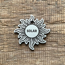 Load image into Gallery viewer, Dog ID tag with celestial sun design and engraved name, personalised deep engraved metal pet tag for dogs and cats.