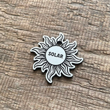 Load image into Gallery viewer, Dog ID tag with celestial sun design and engraved name, personalised deep engraved metal pet tag for dogs and cats.