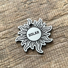 Load image into Gallery viewer, Dog ID tag with celestial sun design and engraved name, personalised deep engraved metal pet tag for dogs and cats.