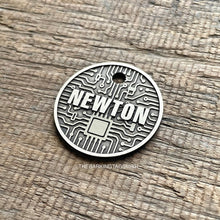 Load image into Gallery viewer, Dog ID tag with circuit board design and the name Newton engraved, personalised deep engraved metal pet tag with tech and electronics pattern.