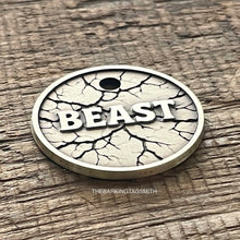 Load image into Gallery viewer, Dog ID tag with cracked stone texture and engraved name, personalised deep engraved metal pet tag for dogs and cats.