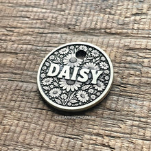 Load image into Gallery viewer, Personalised floral dog ID tag with daisy flower engraving deeply engraved into solid metal pet tag