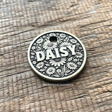 Load image into Gallery viewer, Personalised floral dog ID tag with daisy flower engraving deeply engraved into solid metal pet tag