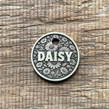 Load image into Gallery viewer, Personalised floral dog ID tag with daisy flower engraving deeply engraved into solid metal pet tag