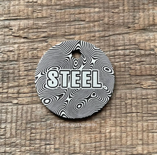 Load image into Gallery viewer, Dog ID tag with Damascus steel style pattern deep engraved on round metal tag, personalised engraved pet tag with the name Steel.