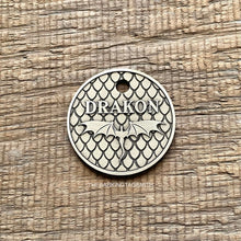Load image into Gallery viewer, Personalised dragon dog ID tag with engraved scale pattern and wings, durable metal pet tag designed for long lasting identification