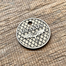Load image into Gallery viewer, Personalised dragon dog ID tag with engraved scale pattern and wings, durable metal pet tag designed for long lasting identification