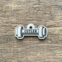 Load image into Gallery viewer, Dumbbell dog ID tag personalised with engraved name, fitness themed metal pet tag for dogs.