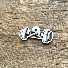 Load image into Gallery viewer, Dumbbell dog ID tag personalised with engraved name, fitness themed metal pet tag for dogs.