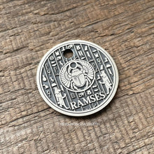 Load image into Gallery viewer, Dog ID tag with Egyptian scarab and hieroglyph design deep engraved on round metal tag, personalised engraved pet tag featuring Ramses.