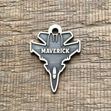Load image into Gallery viewer, Dog ID tag shaped like a fighter jet with the name Maverick engraved, personalised deep engraved metal pet tag with a bold aviation design.