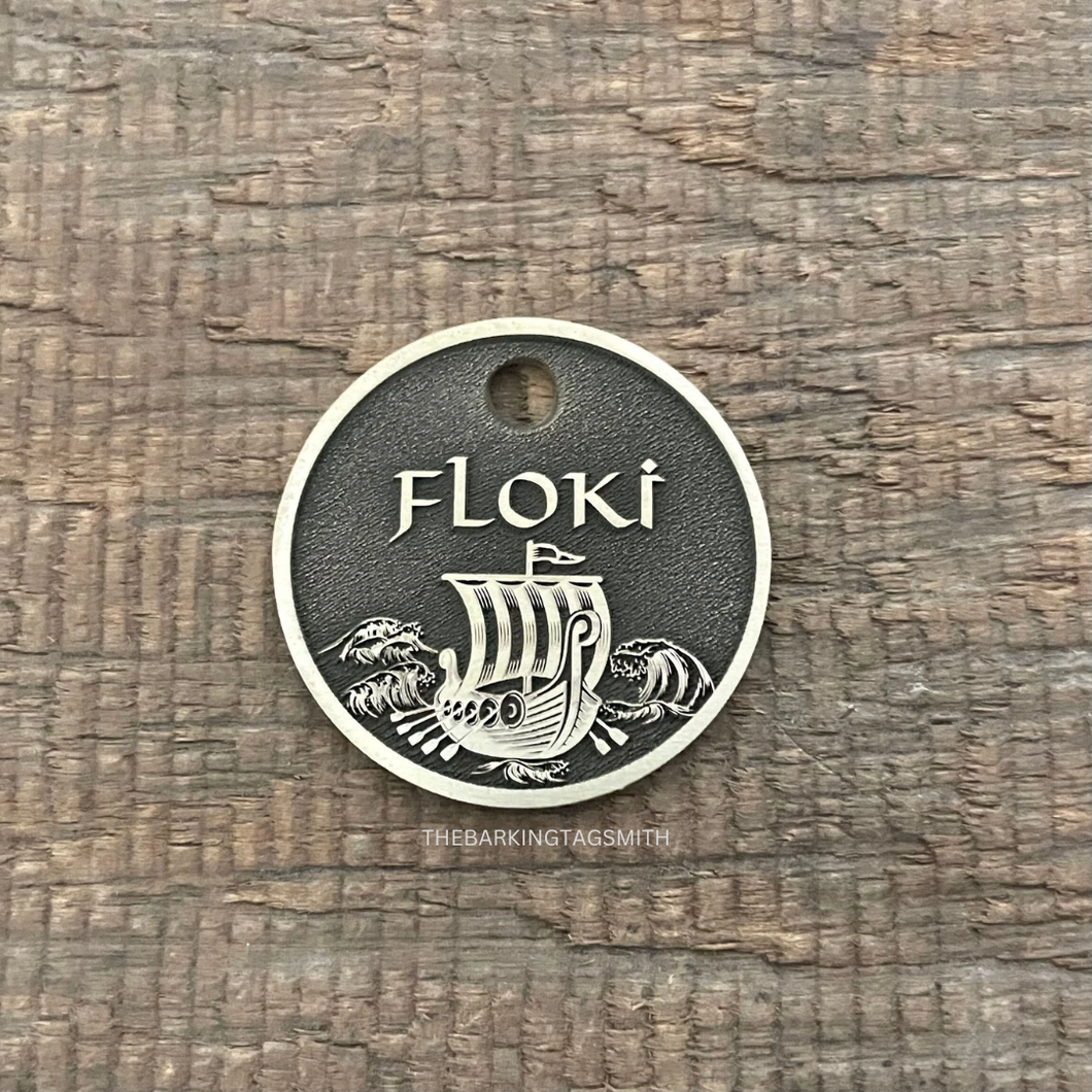 Pet tag with a Viking boat theme