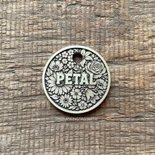 Load image into Gallery viewer, Dog ID tag with dense floral flower pattern including daisies and roses and engraved name Petal, personalised deep engraved metal pet tag for dogs.