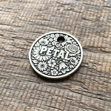 Load image into Gallery viewer, Dog ID tag with dense floral flower pattern including daisies and roses and engraved name Petal, personalised deep engraved metal pet tag for dogs.