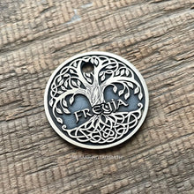 Load image into Gallery viewer, dog ID tag with Freyja Tree of Life design, personalised deep engraved round pet ID tag for dogs and cats in nickel silver, New Zealand made
