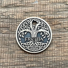 Load image into Gallery viewer, dog ID tag with Celtic Tree of Life design, personalised deep engraved round pet ID tag for dogs and cats in nickel silver, New Zealand made