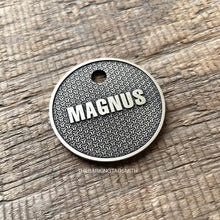 Load image into Gallery viewer, Dog ID tag with geometric lattice pattern and engraved name Magnus, personalised deep engraved metal pet tag for dogs and cats.