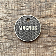 Load image into Gallery viewer, Dog ID tag with geometric lattice pattern and engraved name Magnus, personalised deep engraved metal pet tag for dogs and cats.
