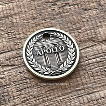 Load image into Gallery viewer, Dog ID tag with Greek temple and laurel wreath design and engraved name, personalised deep engraved metal pet tag.