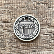 Load image into Gallery viewer, Dog ID tag with Greek temple and laurel wreath design and engraved name, personalised deep engraved metal pet tag.
