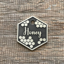 Load image into Gallery viewer, dog ID tag with honeycomb bee design, personalised deep engraved hexagon pet ID tag for dogs and cats in nickel silver, New Zealand made