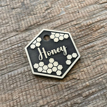 Load image into Gallery viewer, dog ID tag with honeycomb bee design, personalised deep engraved hexagon pet ID tag for dogs and cats in nickel silver, New Zealand made