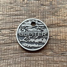 Load image into Gallery viewer, Dog ID tag with Jupiter planet design and engraved name, personalised deep engraved metal pet tag with astronomy and space theme.