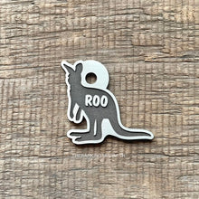 Load image into Gallery viewer, Dog ID tag shaped like a kangaroo with the name Roo deep engraved, personalised engraved metal pet tag featuring an New Zealand kangaroo silhouette design.