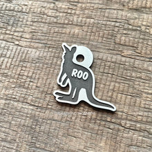 Load image into Gallery viewer, Dog ID tag shaped like a kangaroo with the name Roo deep engraved, personalised engraved metal pet tag featuring an New Zealand kangaroo silhouette design.