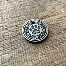 Load image into Gallery viewer, Dog ID tag with paw print and Aztec tribal pattern engraved name Dante, personalised deep engraved metal pet tag for dogs.