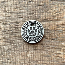 Load image into Gallery viewer, Dog ID tag with paw print and Aztec tribal pattern engraved name Dante, personalised deep engraved metal pet tag for dogs.