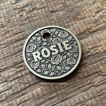 Load image into Gallery viewer, Dog ID tag with detailed rose floral design and engraved name, personalised deep engraved metal pet tag for dogs.