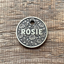 Load image into Gallery viewer, Dog ID tag with detailed rose floral design and engraved name ROSIE, personalised deep engraved metal pet tag for dogs.