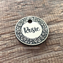 Load image into Gallery viewer, Dog ID tag with rose wreath floral border and engraved name Rosie, personalised deep engraved metal pet tag for dogs.