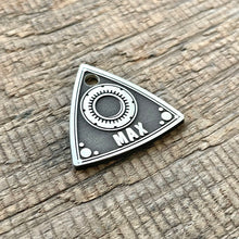 Load image into Gallery viewer, Dog ID tag inspired by a rotary engine rotor shape with deep engraved gear design and the name Max, personalised engraved metal pet tag for car enthusiasts.