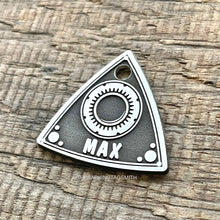 Load image into Gallery viewer, Dog ID tag inspired by a rotary engine rotor shape with deep engraved gear design and the name Max, personalised engraved metal pet tag for car enthusiasts.