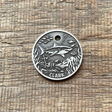 Load image into Gallery viewer, Dog ID tag with shark and underwater ocean scene and the name Clark engraved, personalised deep engraved metal pet tag with marine and shipwreck design.