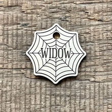 Load image into Gallery viewer, Dog ID tag shaped like a spider web with gothic design engraved on metal tag, personalised engraved pet tag with the name Widow.