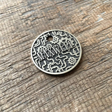Load image into Gallery viewer, Dog ID tag with steampunk gear design and engraved name Maxwell, personalised deep engraved metal pet tag with mechanical industrial pattern.