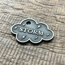 Load image into Gallery viewer, dog ID tag with storm cloud design, personalised deep engraved cloud shaped pet ID tag for dogs and cats in nickel silver, New Zealand made