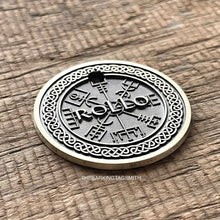 Load image into Gallery viewer, Personalised Viking compass dog ID tag with engraved Vegvisir Norse symbol and Celtic knot border in brushed silver metal on rustic wood background