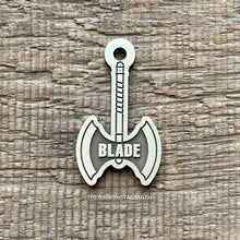 Load image into Gallery viewer, Dog ID tag shaped like a Viking battle axe with the name Blade deep engraved, custom engraved metal pet tag with bold warrior themed design.